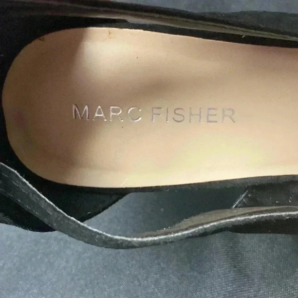 MARC FISHER WO SIZE 8.5 BLACK SUEDE 5” HEEL FRONT PLATFORM HEEL ANKLE STRAPS - Picture 7 of 16